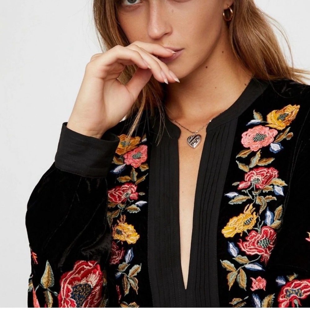 Free People Mia Black Velvet Embroidered Dress - Picture 2 of 7